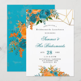 Convites Teal Orange Dourada Floral Bridesmaids Luncheid