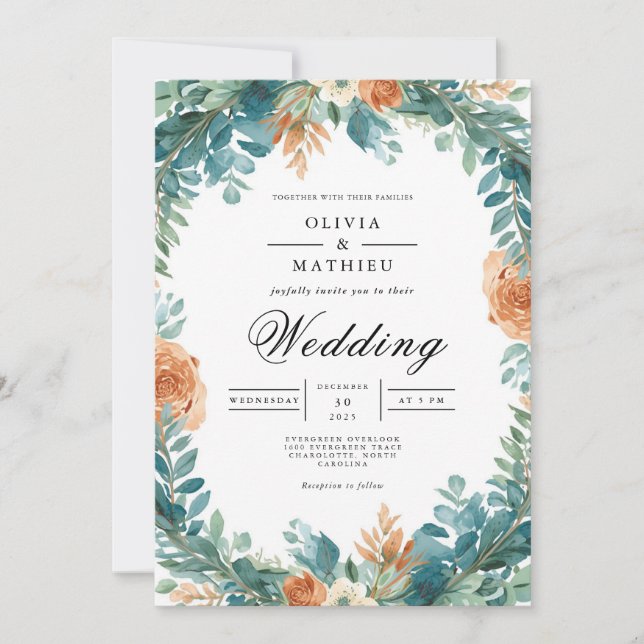Convites Teal Orange Floral Wreath Wedding (Frente)