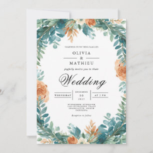 Convites Teal Orange Floral Wreath Wedding