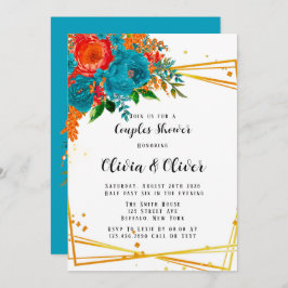 Convites Teal Orange Florals Dourado Chá de Casais