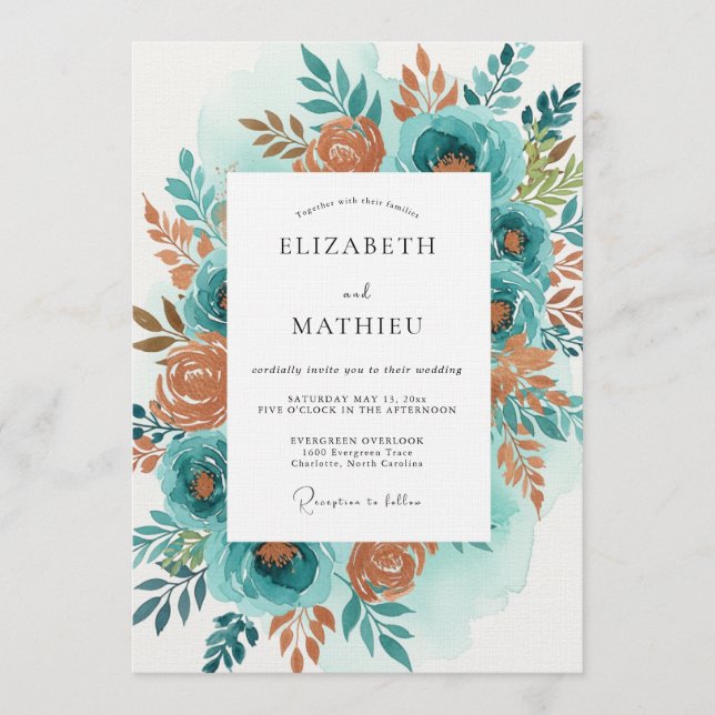 Convites Teal Orange Painterly Bloom Wedding (Frente)