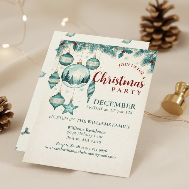 Convites  Teal Ornament Christmas Party Invitation Art (Calm Winter Theme)