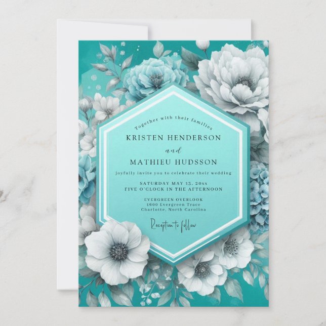 Convites Teal Painterly Anemone Wedding (Frente)