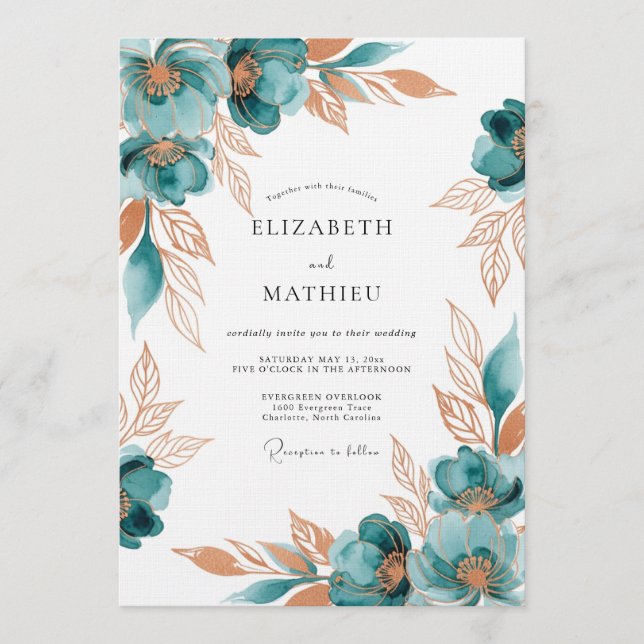 Convites Teal Painterly Floral Romance Wedding (Frente)