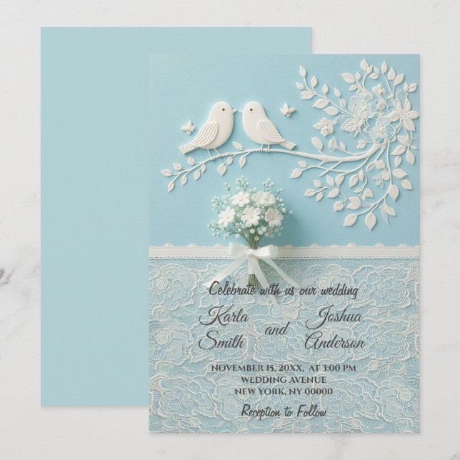 Convites Teal pálido com rendas românticas e casamentos de  (Frente/Verso)
