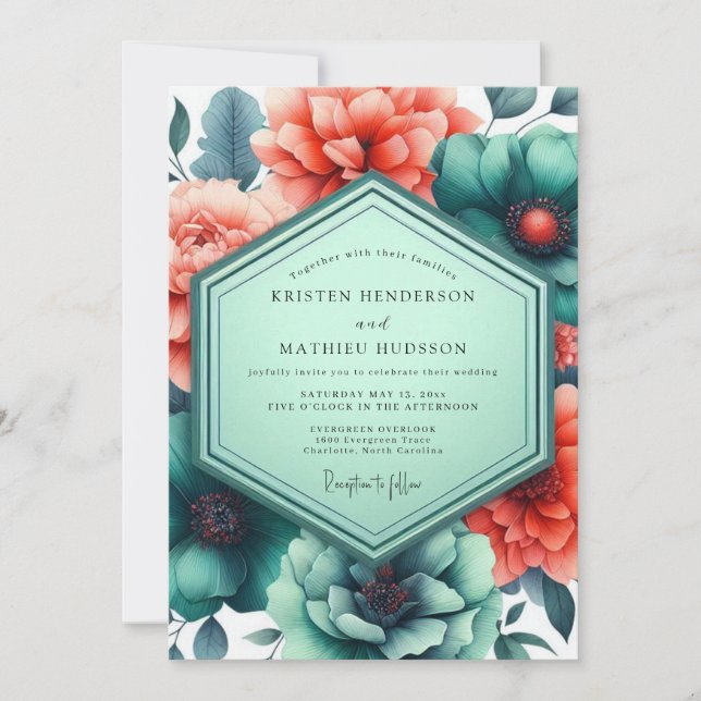 Convites Teal Paprika Vibrant Flora Wedding (Frente)