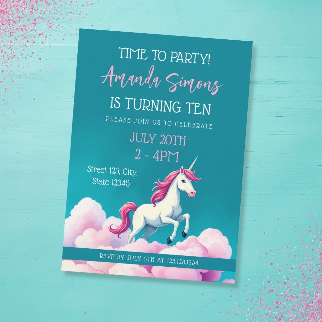 Convites Teal Pastel Clouds Unicorn Girl 10th Birthday (Criador carregado)