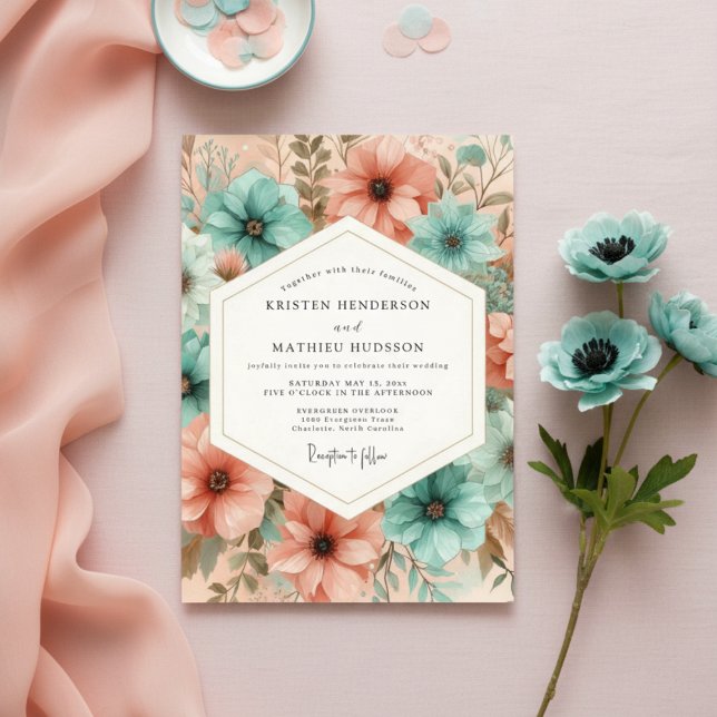 Convites Teal Peach Floral Ethereal Wedding (Criador carregado)