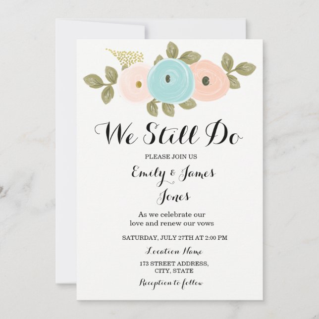 Convites Teal Peach Floral Wedding Anniversário Vow Renewal (Frente)