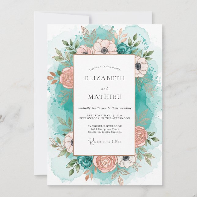 Convites Teal Peach Graceful Coastal Wedding (Frente)