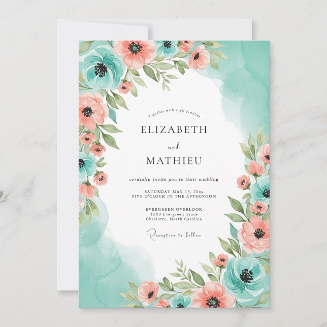 Convites Teal Peach Heavenly Spring Wedding (Frente)