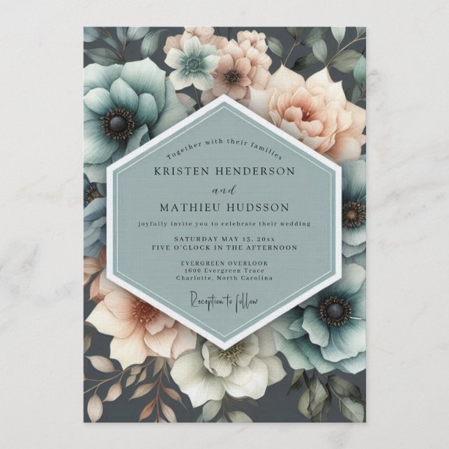 Convites Teal & Peach Painterly Bloom Wedding (Frente)