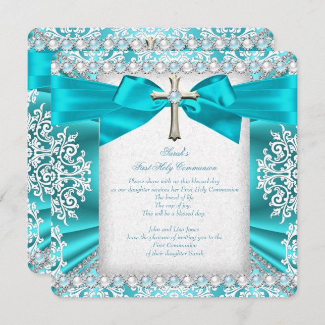 Convites Teal Pearl White First Sagrada Communy Girls 2 (Frente/Verso)