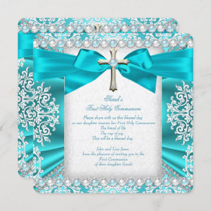 Convites Teal Pearl White First Sagrada Communy Girls 2