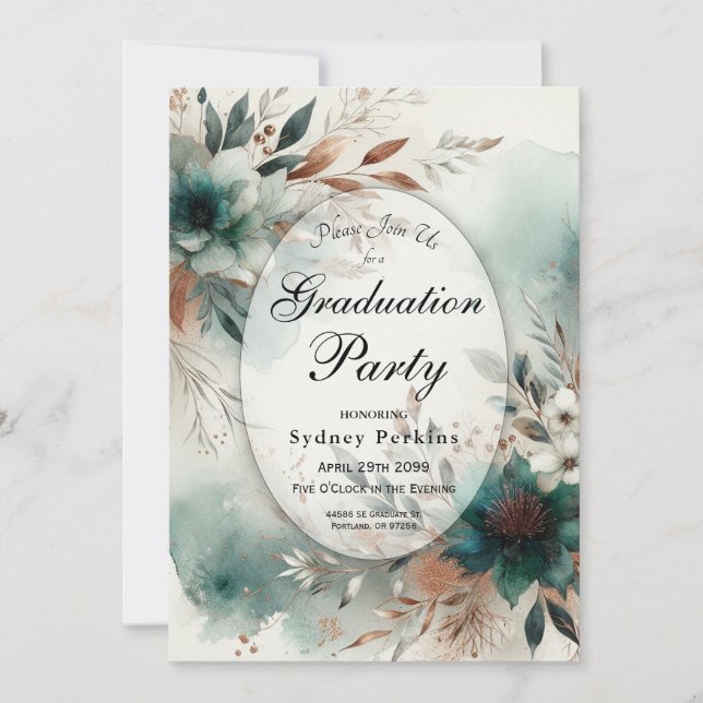 Convites Teal Petals in Bronze Bloom Graduation Party (Frente)