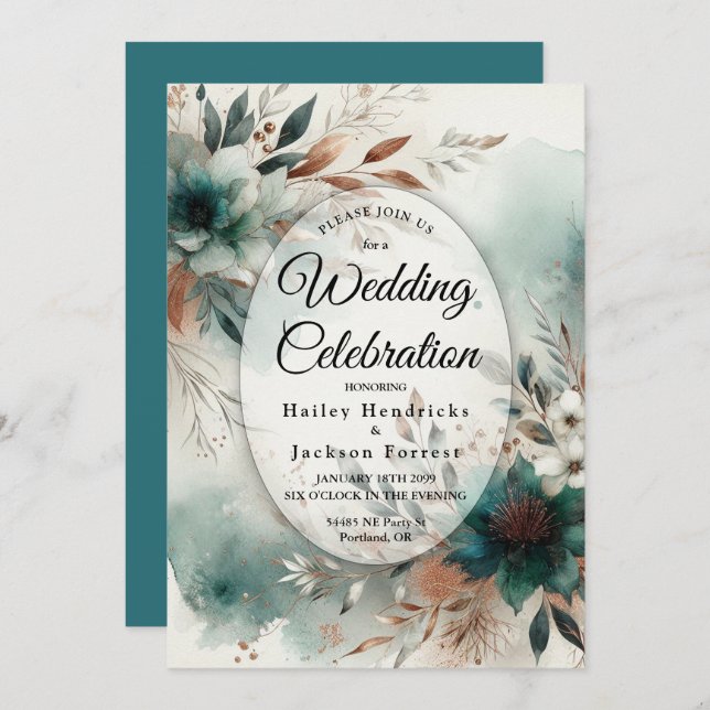 Convites Teal Petals in Bronze Bloom Wedding (Frente/Verso)