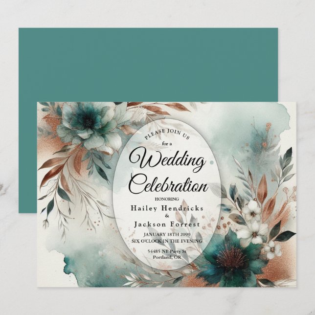 Convites Teal Petals in Bronze Bloom Wedding (Frente/Verso)
