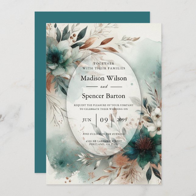 Convites Teal Petals in Bronze Bloom Wedding (Frente/Verso)