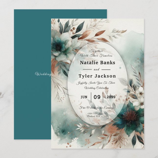 Convites Teal Petals in Bronze Bloom Wedding (Frente/Verso)