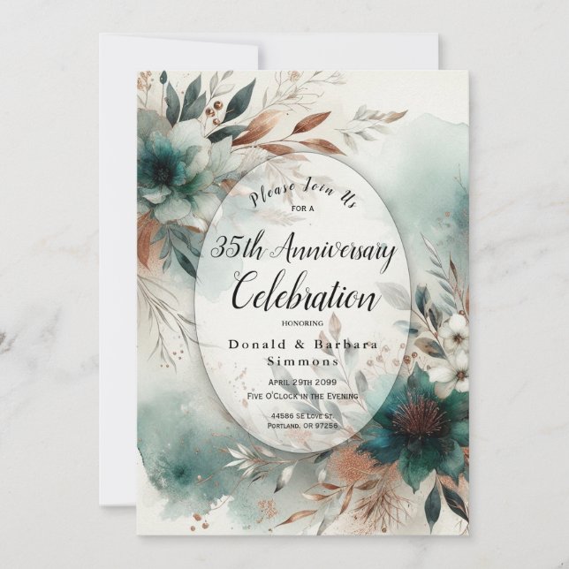Convites Teal Petals no Bronze Bloomment Party (Frente)