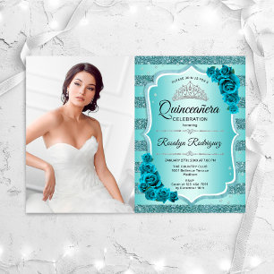 Convites Teal Photo Elegant Quinceanera