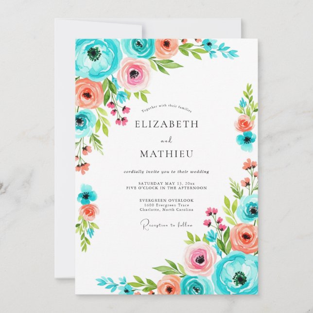 Convites Teal Pink Floral Romance Wedding (Frente)