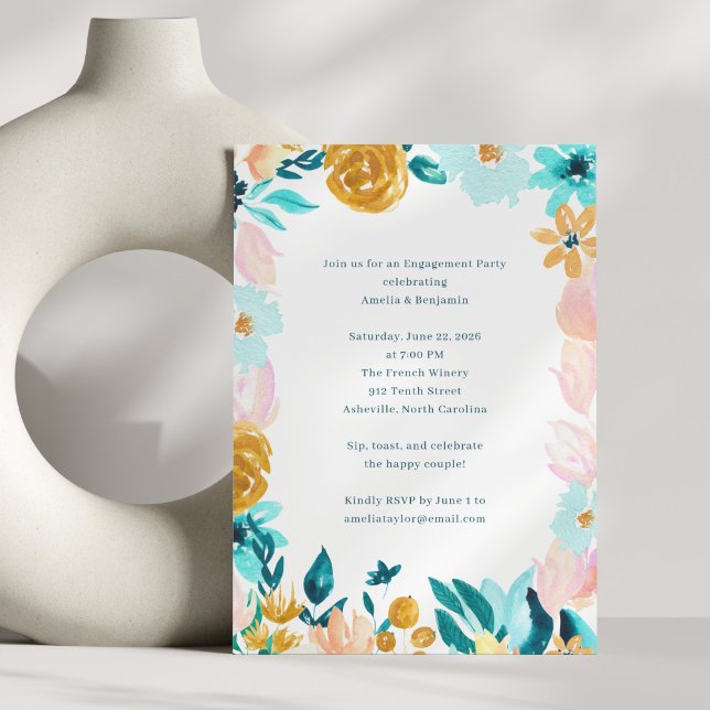 Convites Teal Pink Gold Watercolor Floral Engagement Party (Criador carregado)