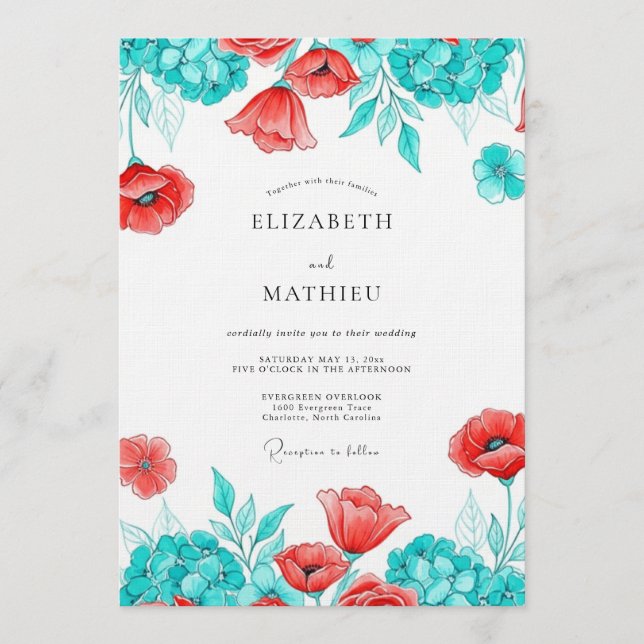 Convites Teal Poppy Bloom Botanical Wedding (Frente)