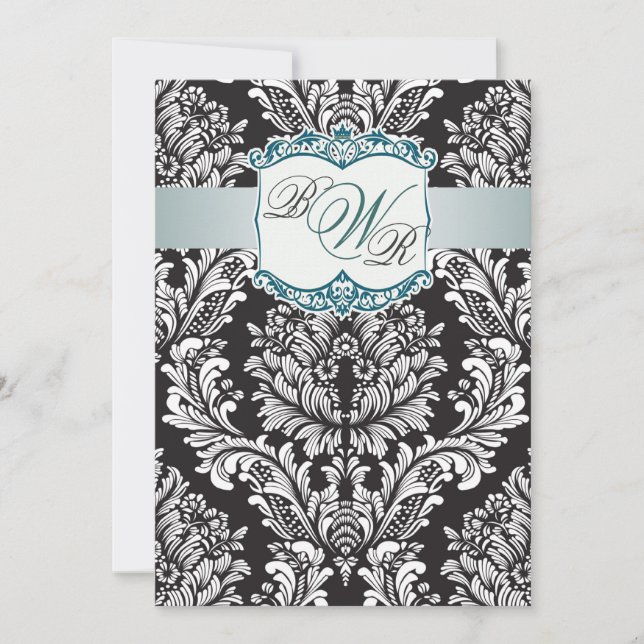 Convites Teal preto branco Damask, Casamento de Monogramas (Frente)