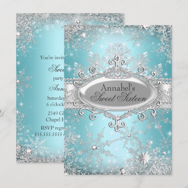 Convites Teal Princess Winter Wonderland Sweet 16 Invite (Frente/Verso)