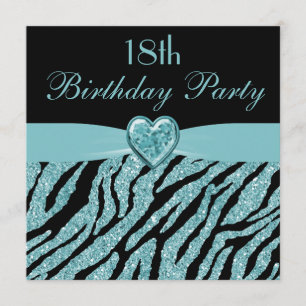 Convites Teal Printed Heart & Zebra Glitter 18º Aniversár