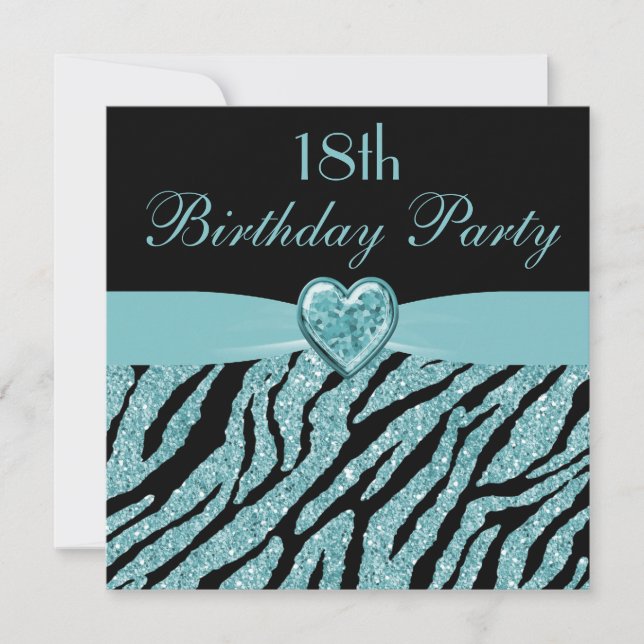 Convites Teal Printed Heart & Zebra Glitter 18º Aniversário (Frente)