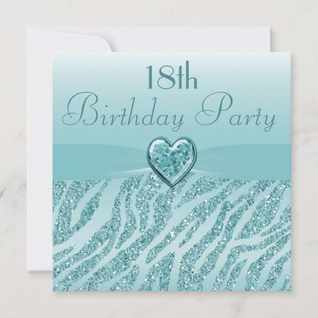 Convites Teal Printed Heart & Zebra Glitter 18º Aniversário (Frente)
