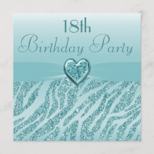 Convites Teal Printed Heart & Zebra Glitter 18º Aniversário
