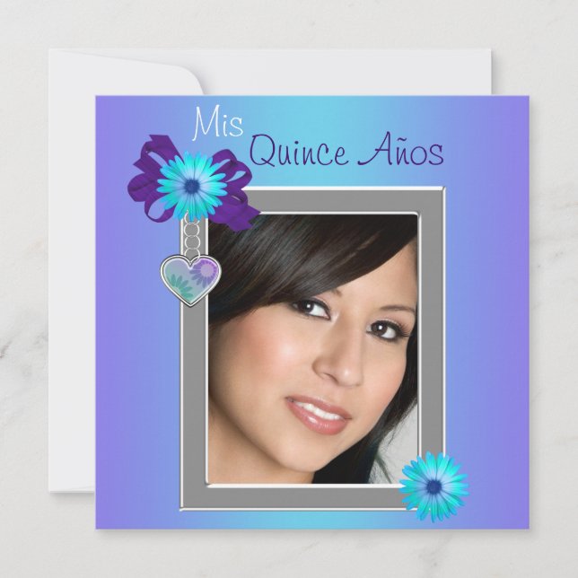 Convites Teal Purple Daisy Photo Quinceanera (Frente)