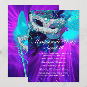 Convites Teal Purple Feather Mask Mascarada