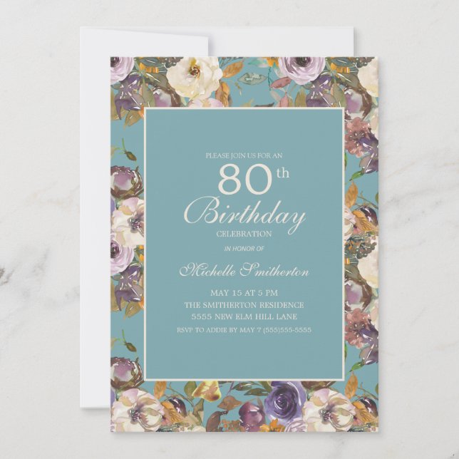Convites Teal Purple Mustard Ivory Floral 80 Aniversário (Frente)