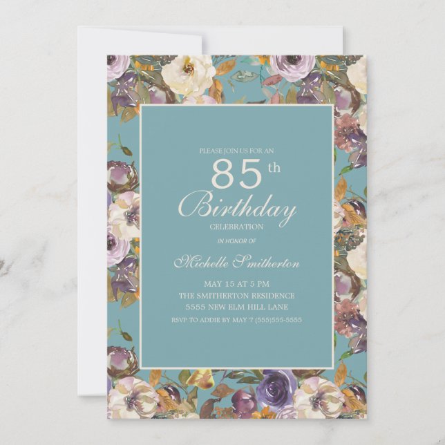 Convites Teal Purple Mustard Ivory Floral 85º aniversário (Frente)
