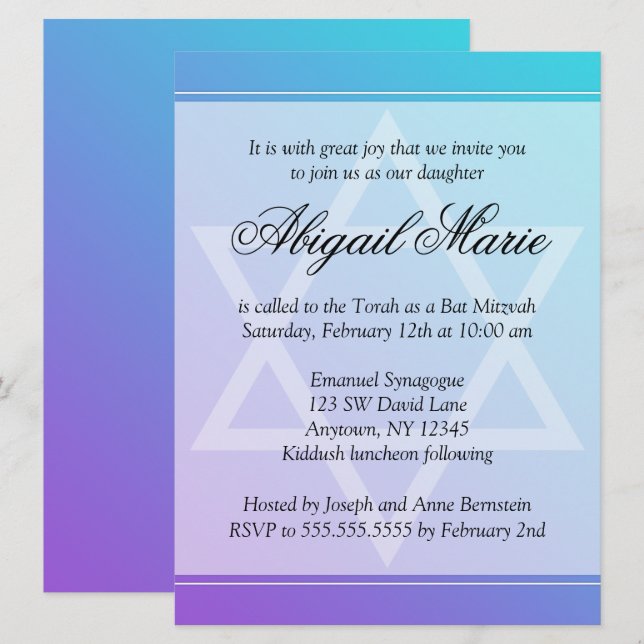 Convites Teal Purple Star de David Bat Mitzvah (Frente/Verso)