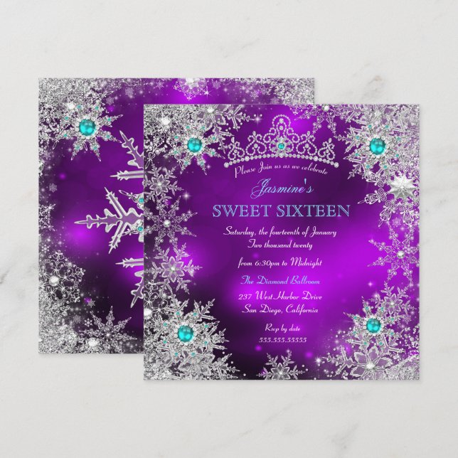 Convites Teal Purple Winter Wonderland Sweet 16 Snowflake (Frente/Verso)