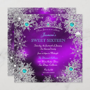 Convites Teal Purple Winter Wonderland Sweet 16 Snowflake