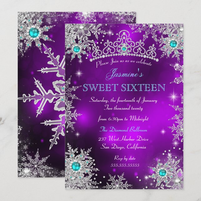 Convites Teal Purple Winter Wonderland Sweet 16 Snowflakes (Frente/Verso)