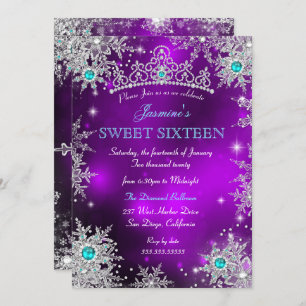 Convites Teal Purple Winter Wonderland Sweet 16 Snowflakes