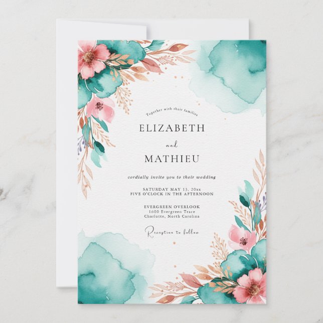Convites Teal Resplendent Watercolor Wedding (Frente)