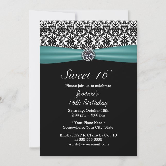 Convites Teal Ribbon & Damask Chic Diamond Sweet 16 (Frente)
