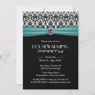 Convites Teal Ribbon Elegant Damask Housearming Party
