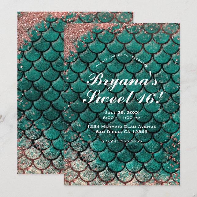 Convites  Teal & Rosa Dourado Brilho Mermaid Sweet 16    (Frente/Verso)