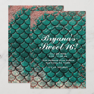 Convites  Teal & Rosa Dourado Brilho Mermaid Sweet 16   