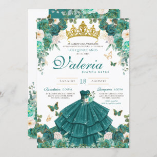 Convites Teal Rosa Elegante Princesa Butterfly Quinceanera