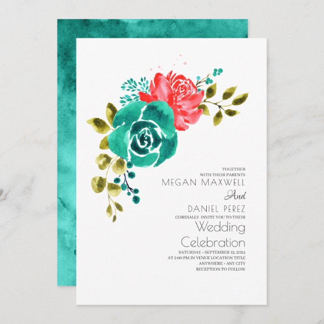Convites Teal Rosa vermelha Boho Floral Wedding (Frente/Verso)